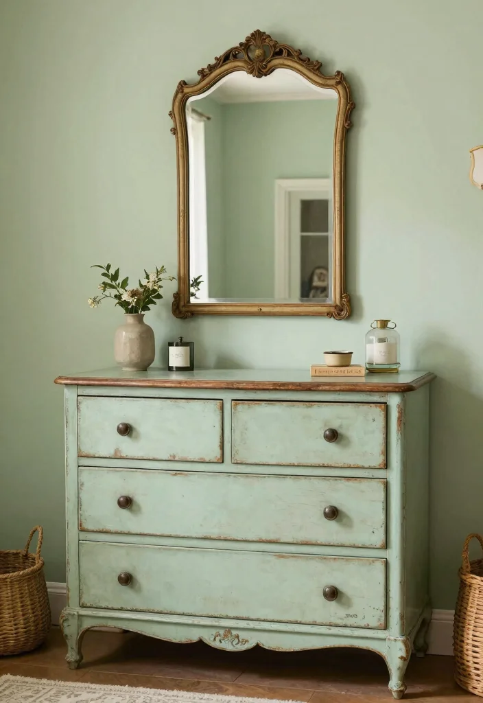 15 Light Sage Green Bedroom Ideas for an Airy, Peaceful Look - 11. Incorporate Vintage Finds 1