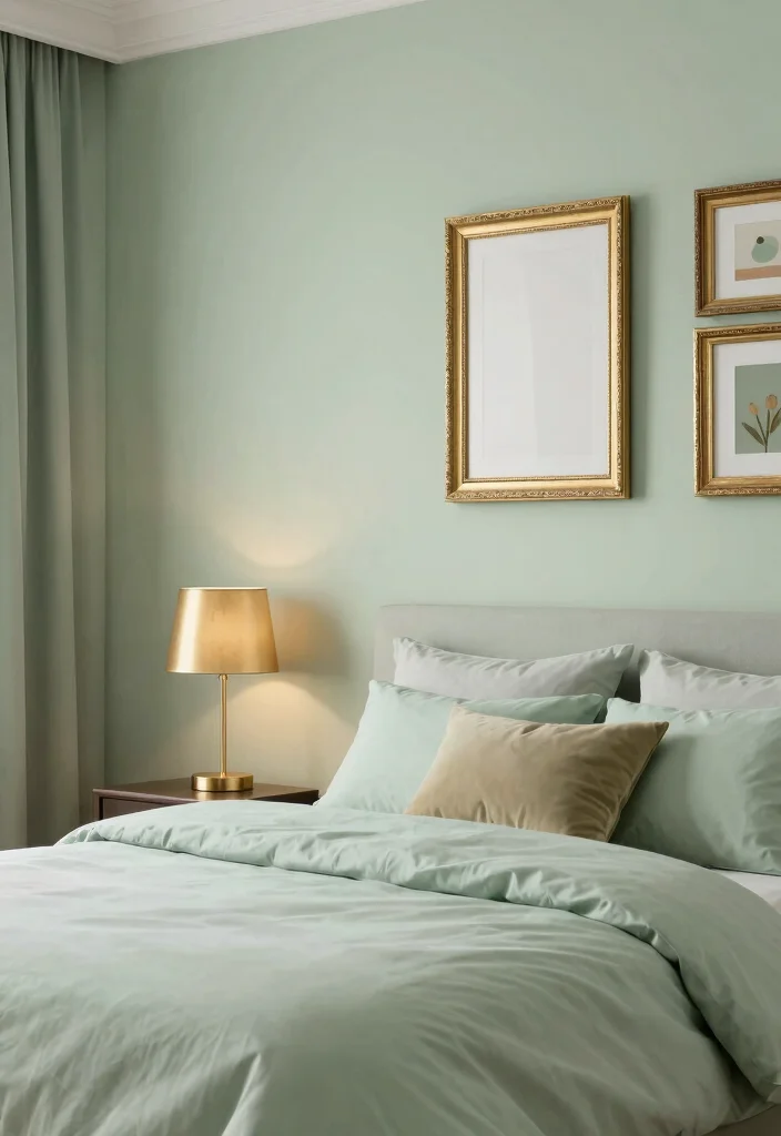 15 Light Sage Green Bedroom Ideas for an Airy, Peaceful Look - 14. A Touch of Metallics 1