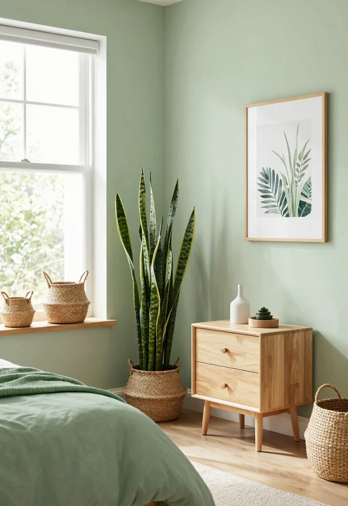 15 Light Sage Green Bedroom Ideas for an Airy, Peaceful Look - 2. Nature-Inspired Decor 1
