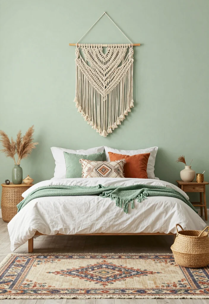 15 Light Sage Green Bedroom Ideas for an Airy, Peaceful Look - 8. Boho Elements 1
