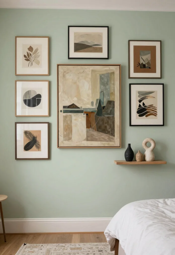 15 Light Sage Green Bedroom Ideas for an Airy, Peaceful Look - 9. Artful Displays 1