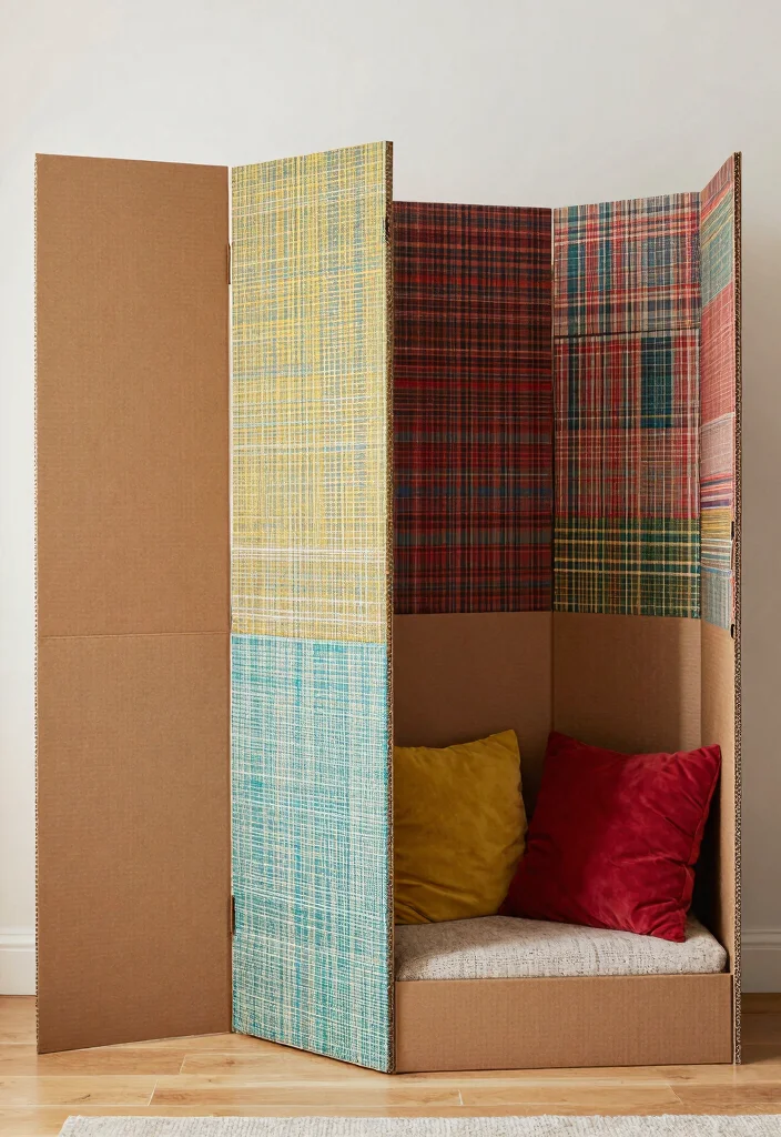 15 Living Room Divider Ideas Wall Dividers That Define Space - 14. Fabric-Covered Cardboard Dividers 1