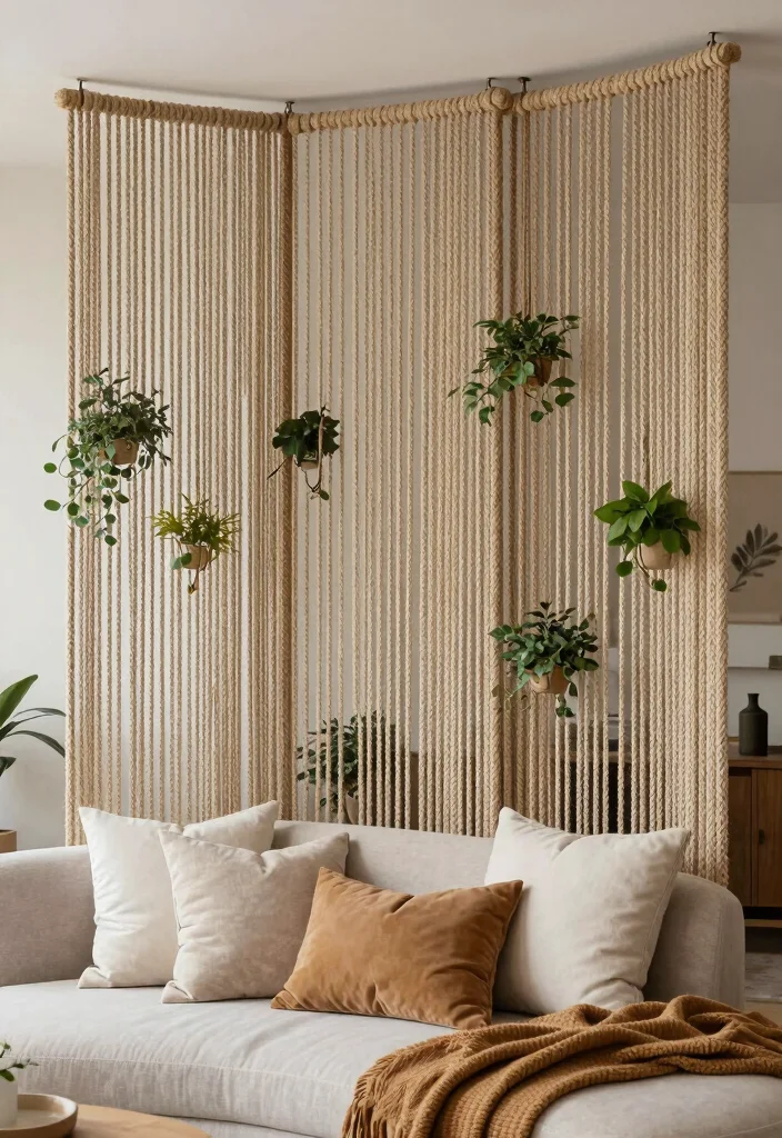 15 Living Room Divider Ideas Wall Dividers That Define Space - 9. Natural Rope Partitions 1