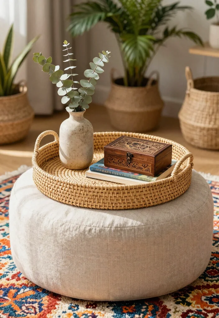 15 Ottoman Decor Living Room Tray Ideas for Functional Styling - 1. Natural Textures with Woven Trays 1