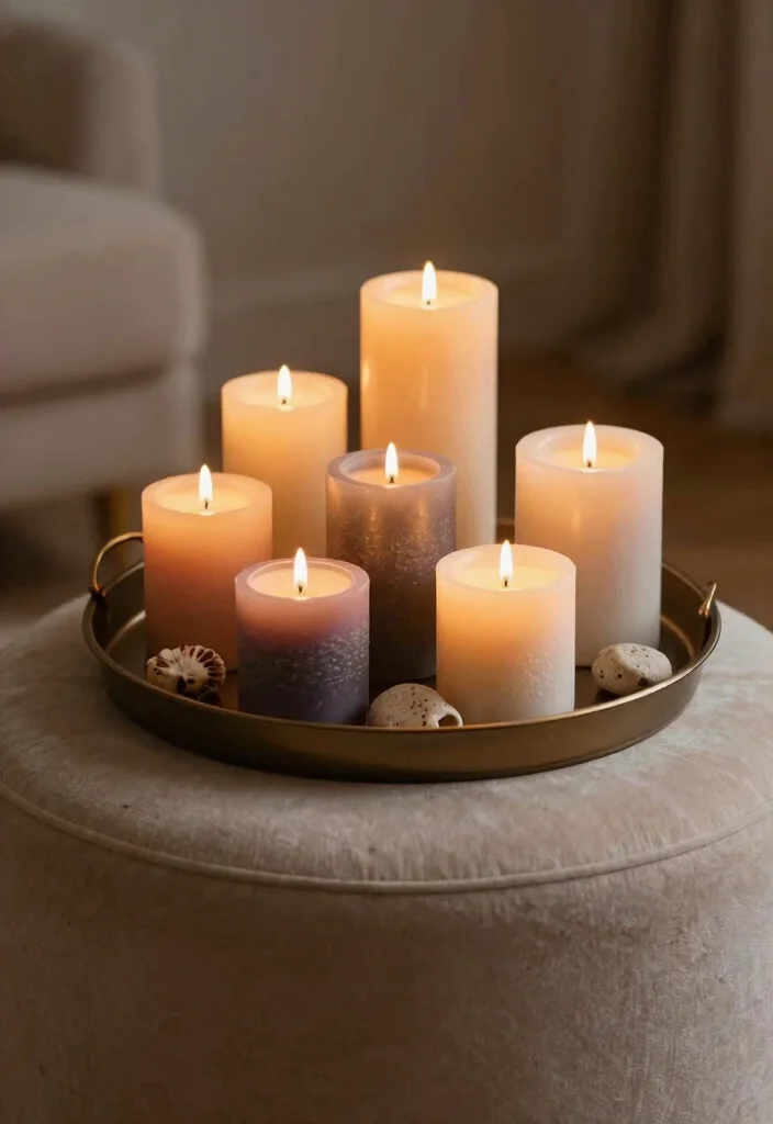 15 Ottoman Decor Living Room Tray Ideas for Functional Styling - 11. Candle-Centric Decor 1