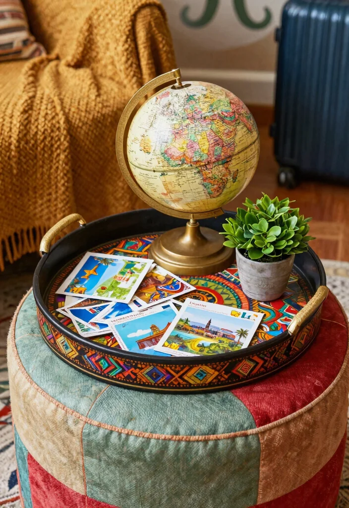 15 Ottoman Decor Living Room Tray Ideas for Functional Styling - 14. Inspired by Travel: Global Decor 1