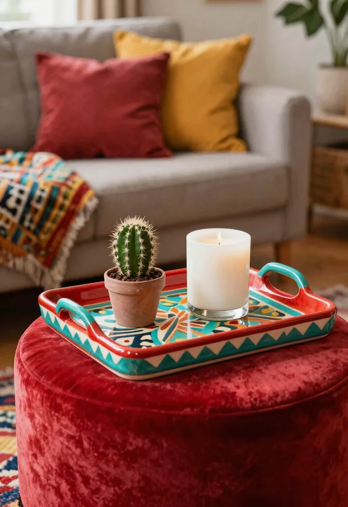 15 Ottoman Decor Living Room Tray Ideas for Functional Styling - 2. Bold Colors and Patterns 1