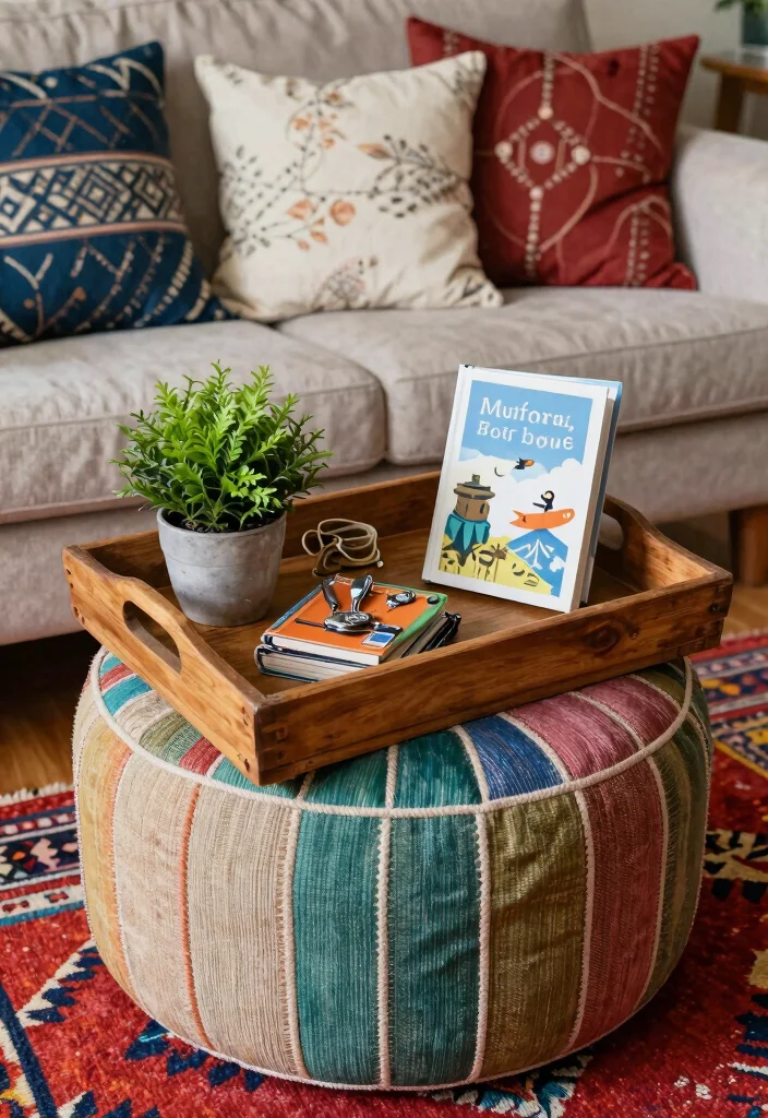 15 Ottoman Decor Living Room Tray Ideas for Functional Styling - 5. Eclectic Mix and Match 1