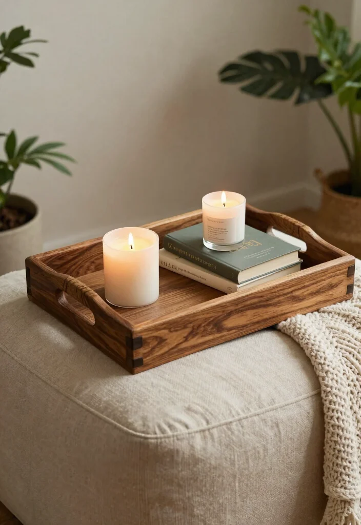 15 Ottoman Decor Living Room Tray Ideas for Functional Styling - 9. Textured Layers with Wood 1