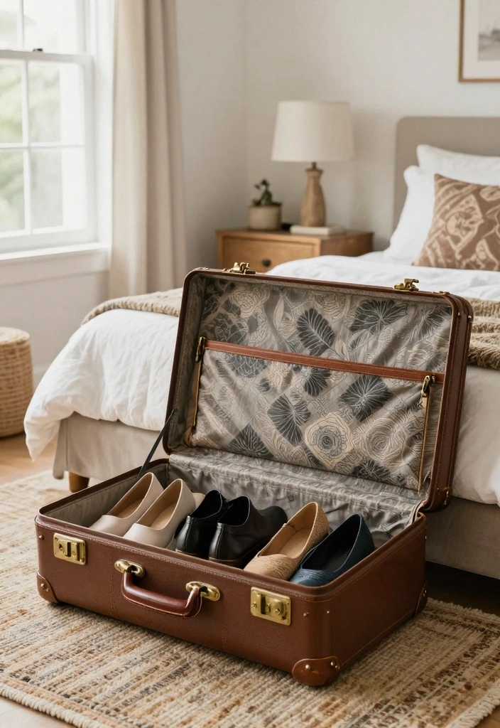 16 Bedroom Shoe Storage Ideas: Organized Stylish Solutions - 5. Vintage Suitcase Storage 1