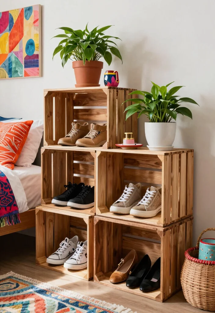 16 Bedroom Shoe Storage Ideas: Organized Stylish Solutions - 7. Shoe Crates Display 1