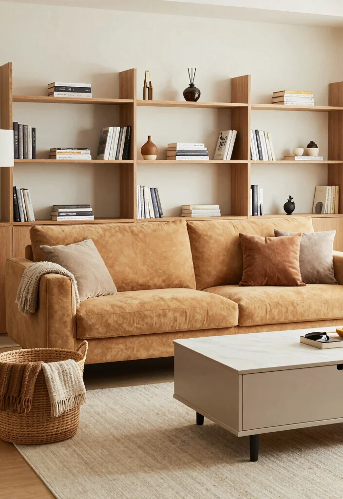 16 Camel Sofa Living Room Ideas: Warm Neutral Elegance - 10. Maximize Storage with Style 1