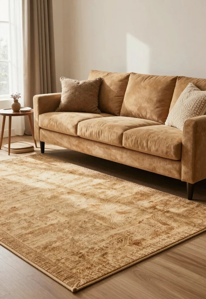 16 Camel Sofa Living Room Ideas: Warm Neutral Elegance - 12. Use Rugs to Define Spaces 1