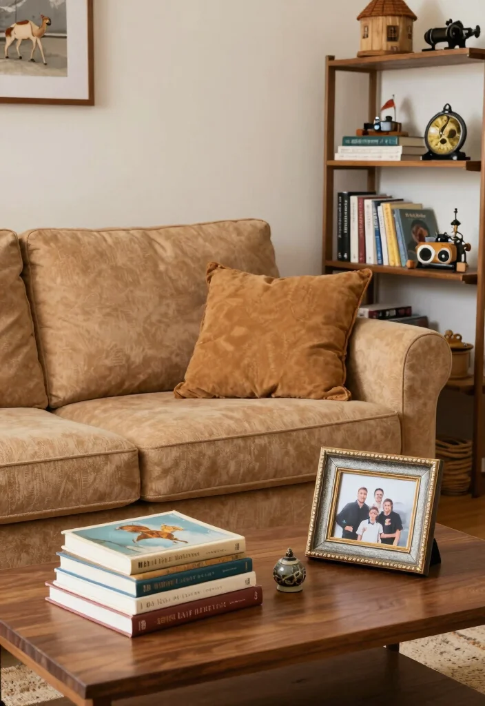 16 Camel Sofa Living Room Ideas: Warm Neutral Elegance - 13. Personal Touches with Books and Mementos 1