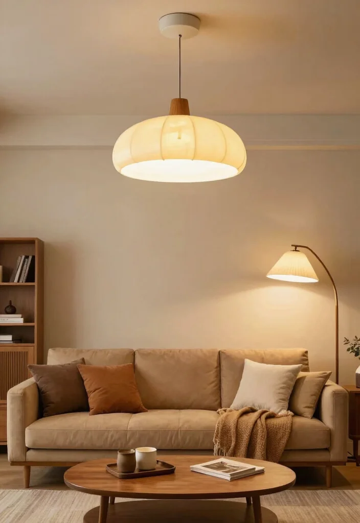 16 Camel Sofa Living Room Ideas: Warm Neutral Elegance - 14. Incorporate Unique Lighting Fixtures 1
