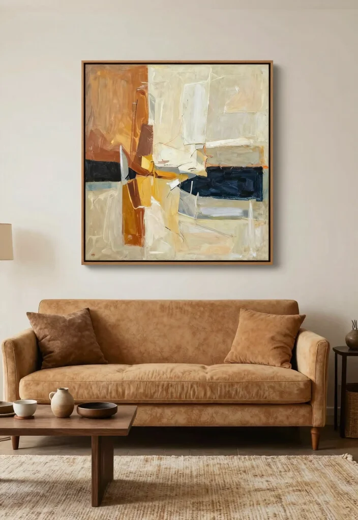 16 Camel Sofa Living Room Ideas: Warm Neutral Elegance - 5. Statement Artwork Above the Sofa 1