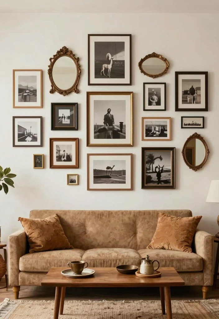 16 Camel Sofa Living Room Ideas: Warm Neutral Elegance - 9. Curated Gallery Wall 1