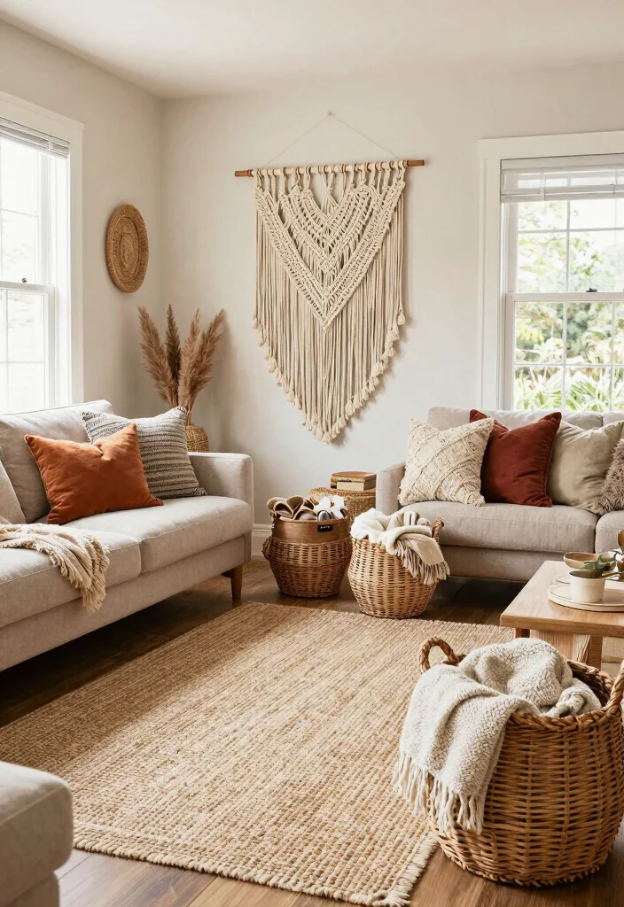 16 Country Living Room Decor Ideas Cozy Rustic Charm - 10. Woven and Textured Accents 1