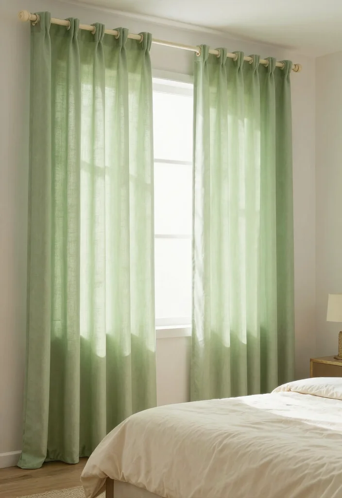16 Green and Cream Bedroom Ideas: Soft Calm Harmony - 11. Soft Green Curtains for Visual Serenity 1