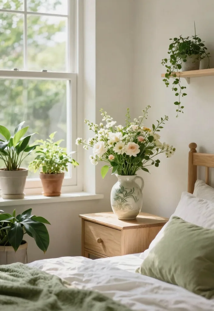 16 Green and Cream Bedroom Ideas: Soft Calm Harmony - 12. Fresh Flowers and Greenery 1