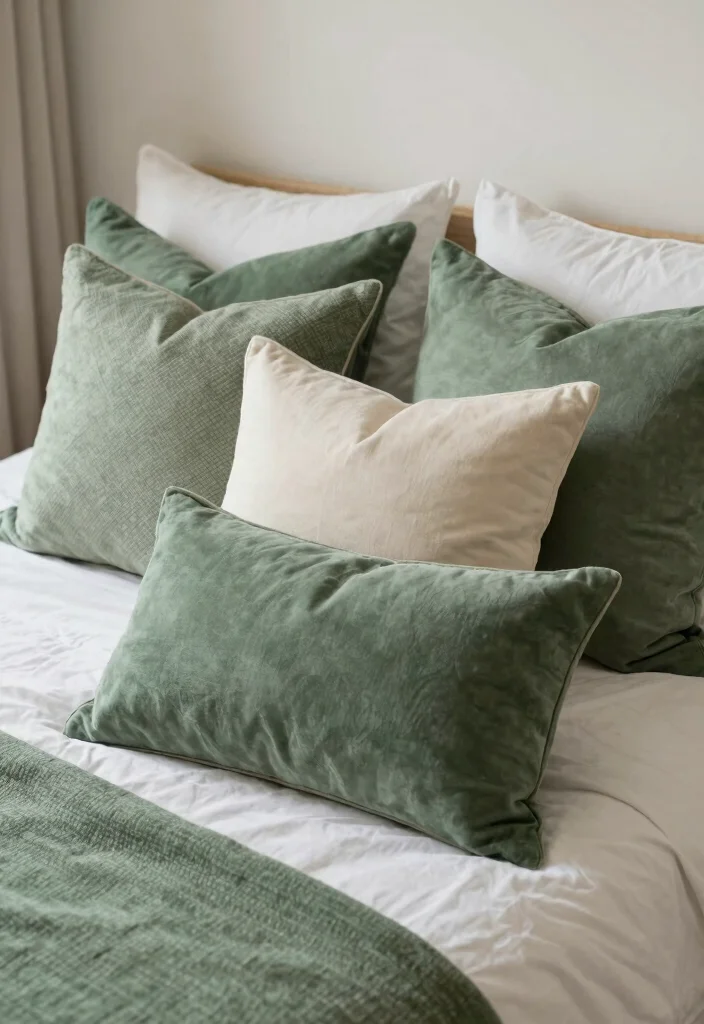 16 Green and Cream Bedroom Ideas: Soft Calm Harmony - 13. Layering with Green and Cream Throw Pillows 1