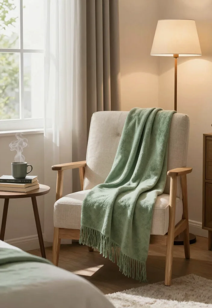 16 Green and Cream Bedroom Ideas: Soft Calm Harmony - 15. A Tranquil Reading Nook 1