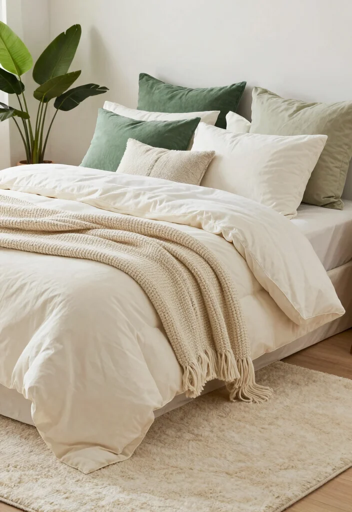 16 Green and Cream Bedroom Ideas: Soft Calm Harmony - 2. Cozy Textiles for Maximum Comfort 1