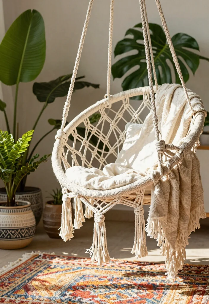 16 Hanging Chair Living Room Ideas for Relaxed Boho Vibes - 1. Macramé Magic 1