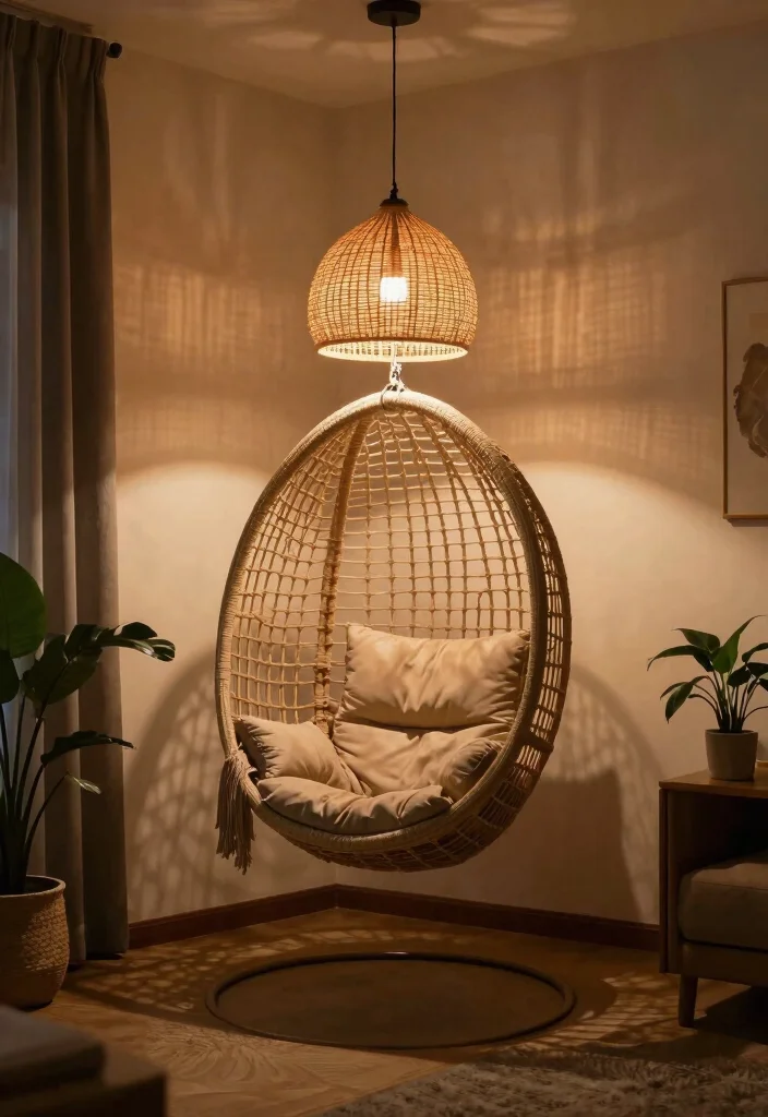 16 Hanging Chair Living Room Ideas for Relaxed Boho Vibes - 10. Statement Lighting 1