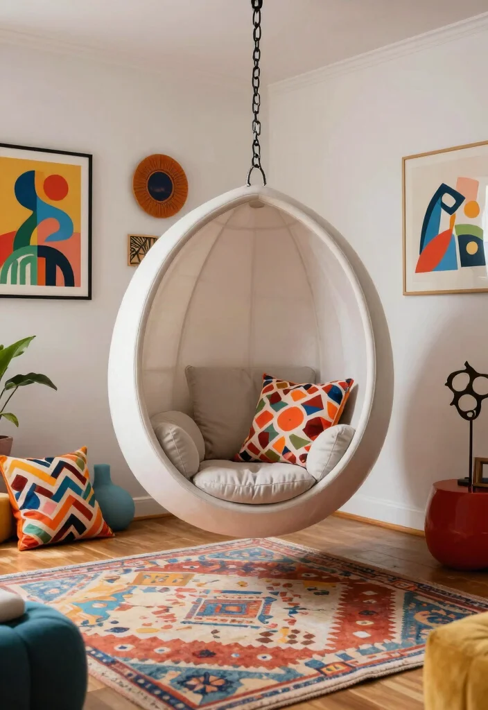 16 Hanging Chair Living Room Ideas for Relaxed Boho Vibes - 11. Fun and Funky 1