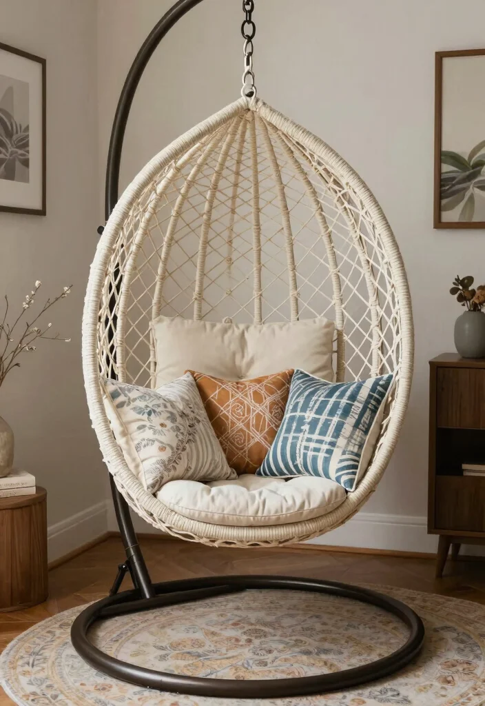 16 Hanging Chair Living Room Ideas for Relaxed Boho Vibes - 13. Customized Comfort 1