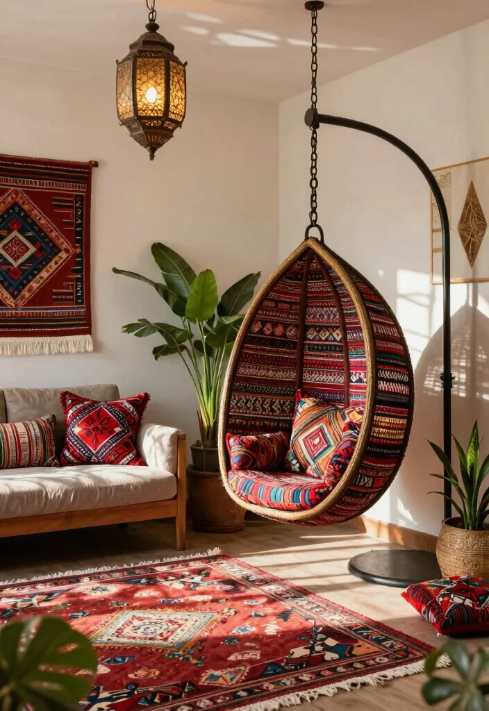 16 Hanging Chair Living Room Ideas for Relaxed Boho Vibes - 14. Global Inspirations 1