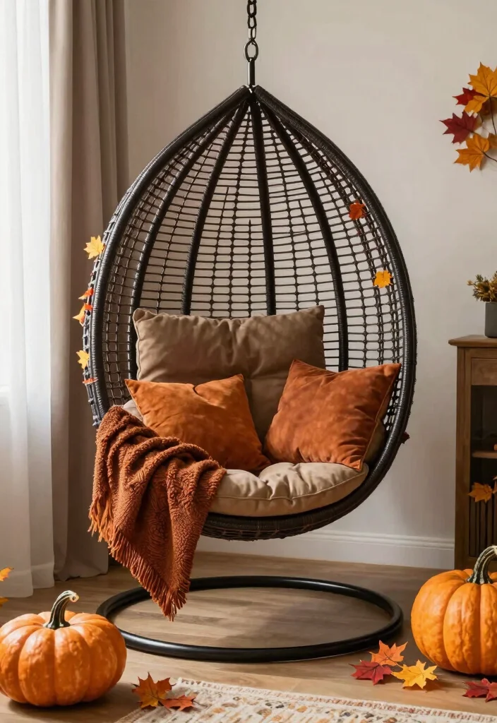16 Hanging Chair Living Room Ideas for Relaxed Boho Vibes - 16. Seasonal Decor 1