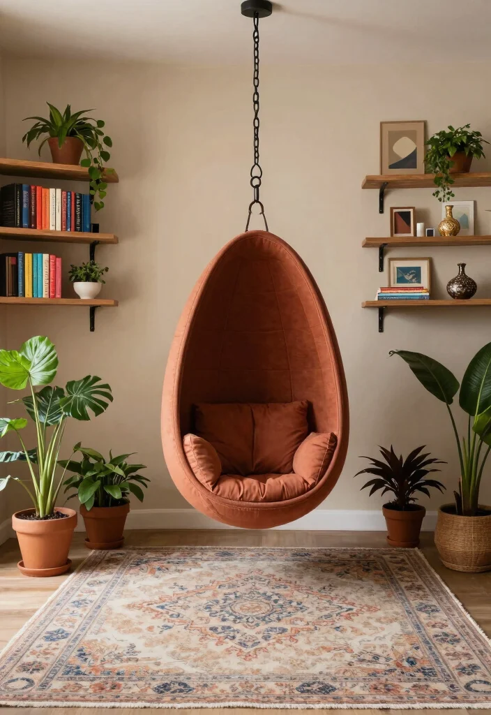 16 Hanging Chair Living Room Ideas for Relaxed Boho Vibes - 2. Earthy Tones 1