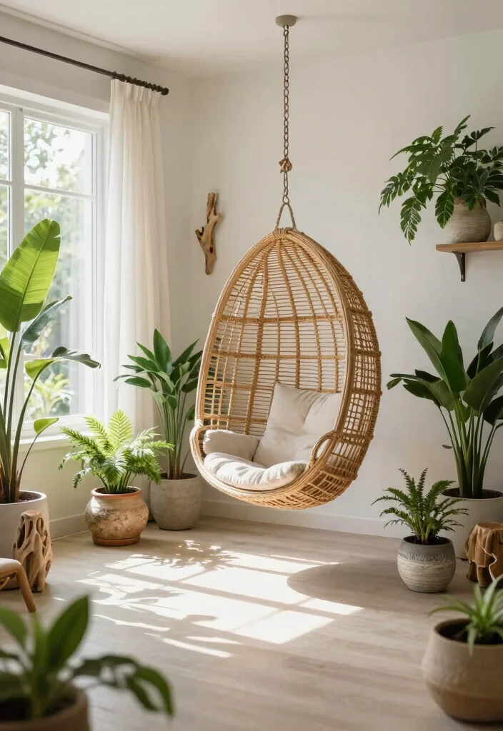 16 Hanging Chair Living Room Ideas for Relaxed Boho Vibes - 5. Outdoor-Inspired 1