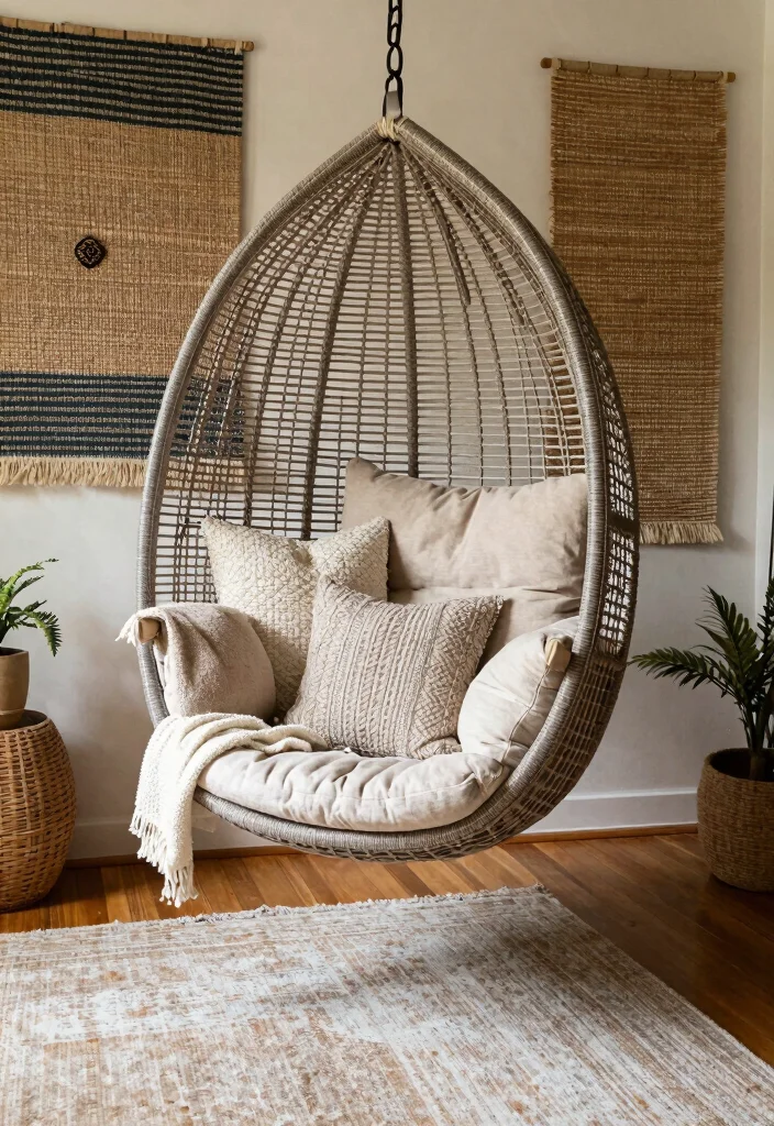 16 Hanging Chair Living Room Ideas for Relaxed Boho Vibes - 7. Layered Textures 1