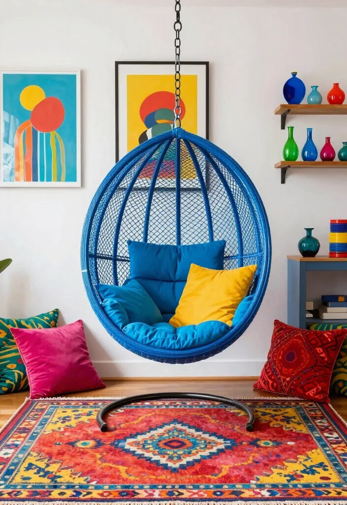 16 Hanging Chair Living Room Ideas for Relaxed Boho Vibes - 8. Colorful Accents 1