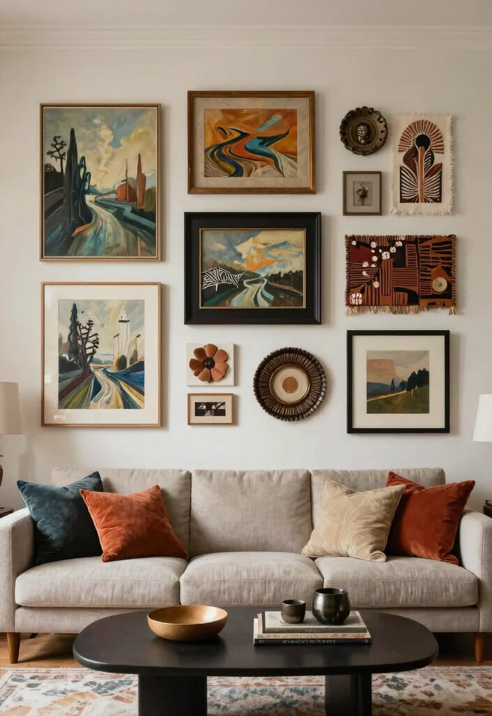 16 Living Room Wall Picture Ideas Gallery Inspired Displays - 13. Mixed Media Wall Art 1