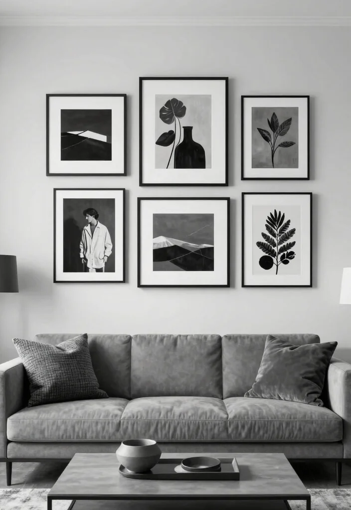 16 Living Room Wall Picture Ideas Gallery Inspired Displays - 6. Monochromatic Magic 1