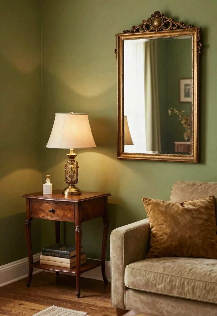 16 Olive Green Living Room Decor Ideas: Calm Earthy Tones - 10. Vintage Accents 1