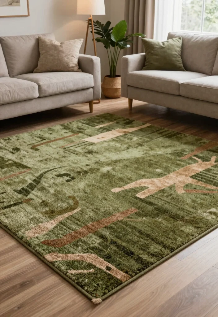 16 Olive Green Living Room Decor Ideas: Calm Earthy Tones - 11. Statement Rugs 1