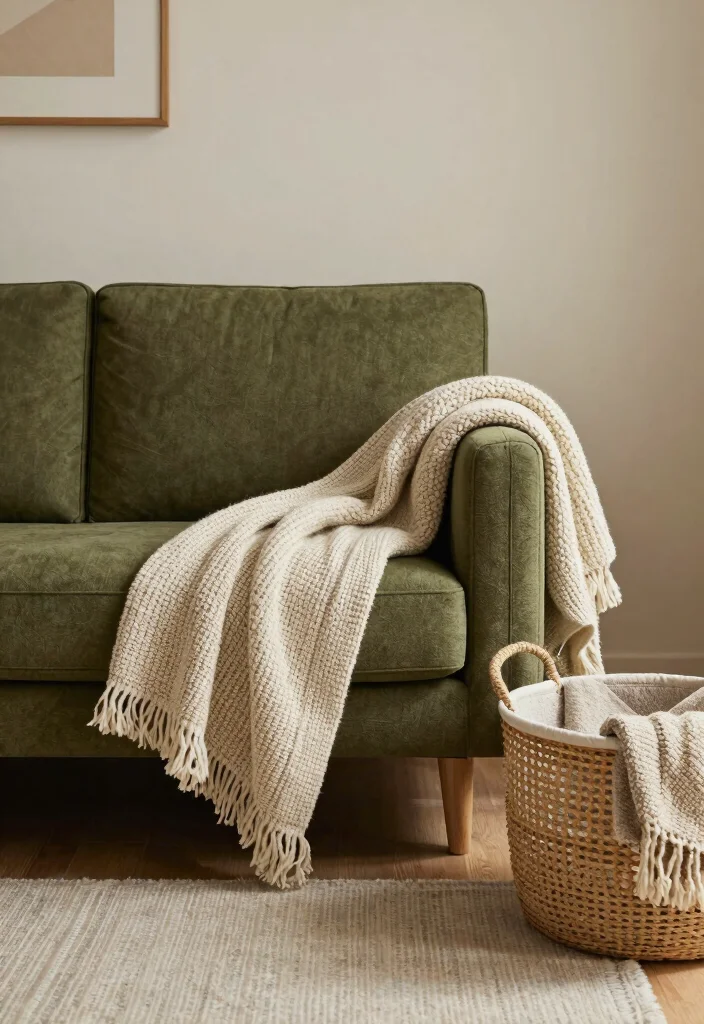 16 Olive Green Living Room Decor Ideas: Calm Earthy Tones - 12. Decorative Throw Blankets 1