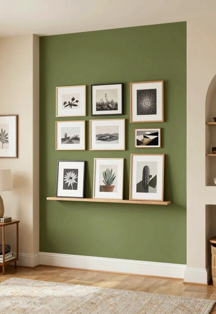16 Olive Green Living Room Decor Ideas: Calm Earthy Tones - 13. Olive Green Feature Wall 1