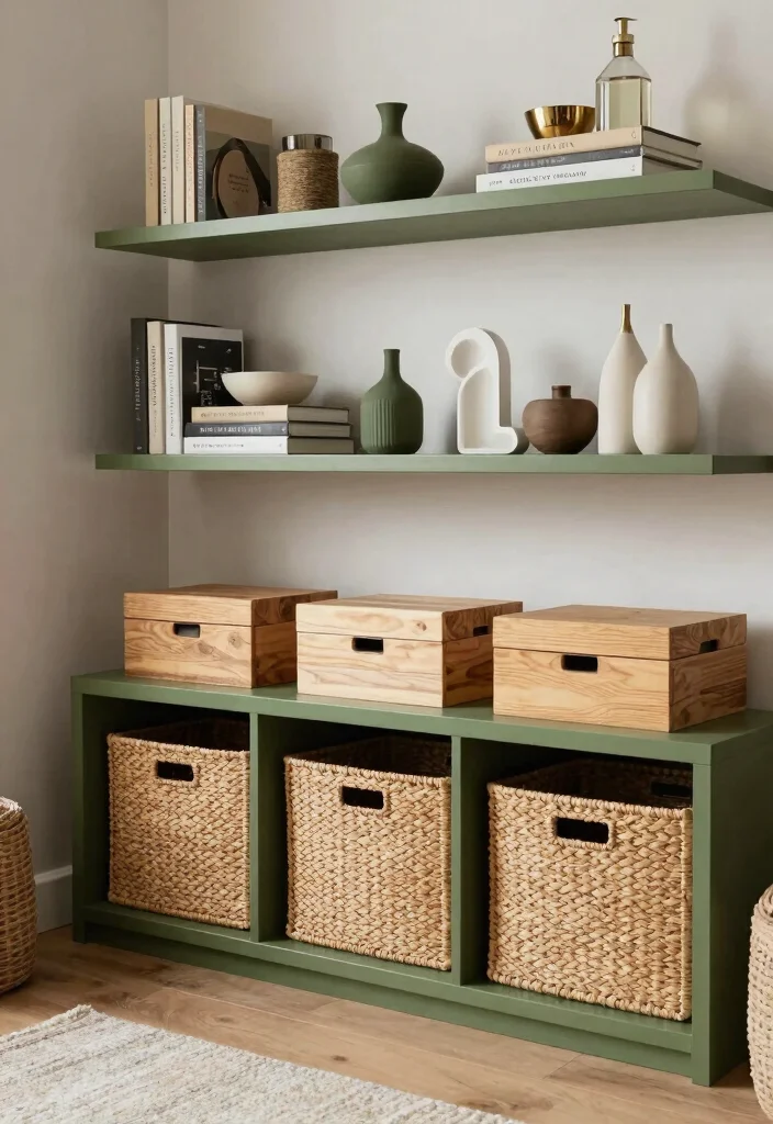 16 Olive Green Living Room Decor Ideas: Calm Earthy Tones - 15. Functional Storage Solutions 1