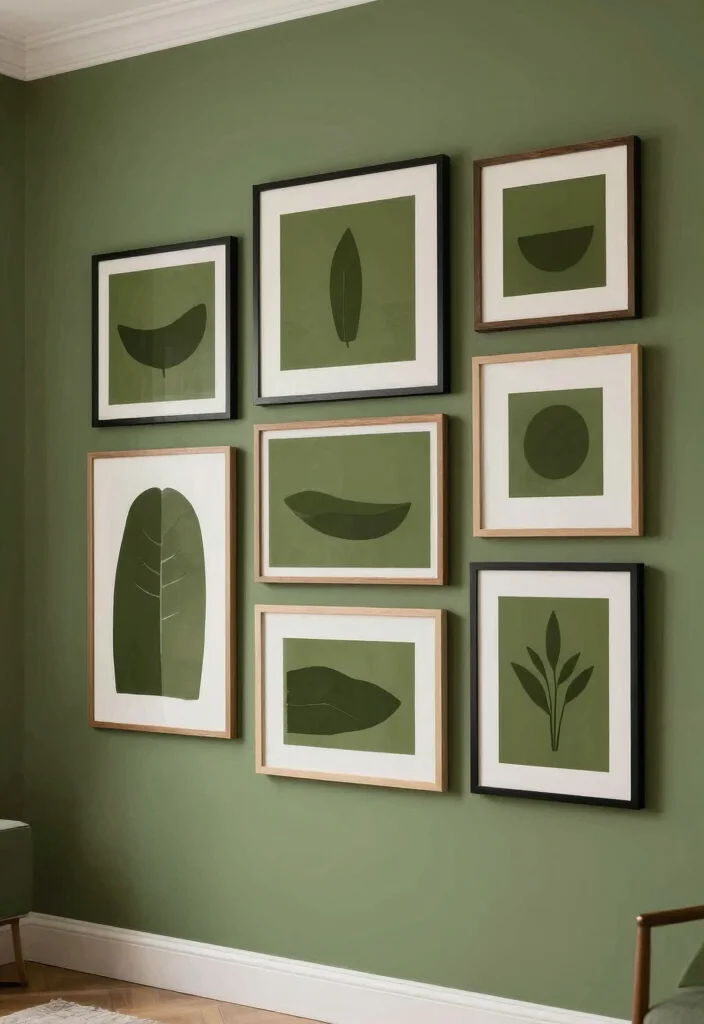 16 Olive Green Living Room Decor Ideas: Calm Earthy Tones - 5. Monochromatic Art 1