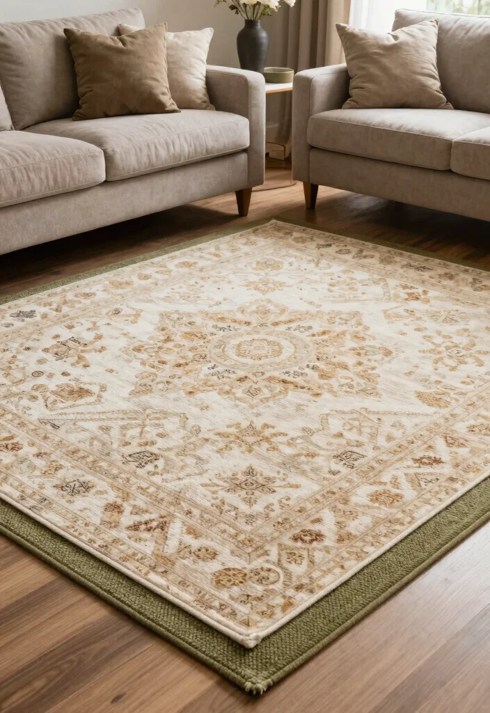 16 Olive Green Living Room Decor Ideas: Calm Earthy Tones - 7. Layered Rugs for Depth 1