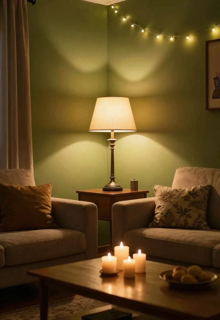 16 Olive Green Living Room Decor Ideas: Calm Earthy Tones - 8. Warm Lighting Solutions 1