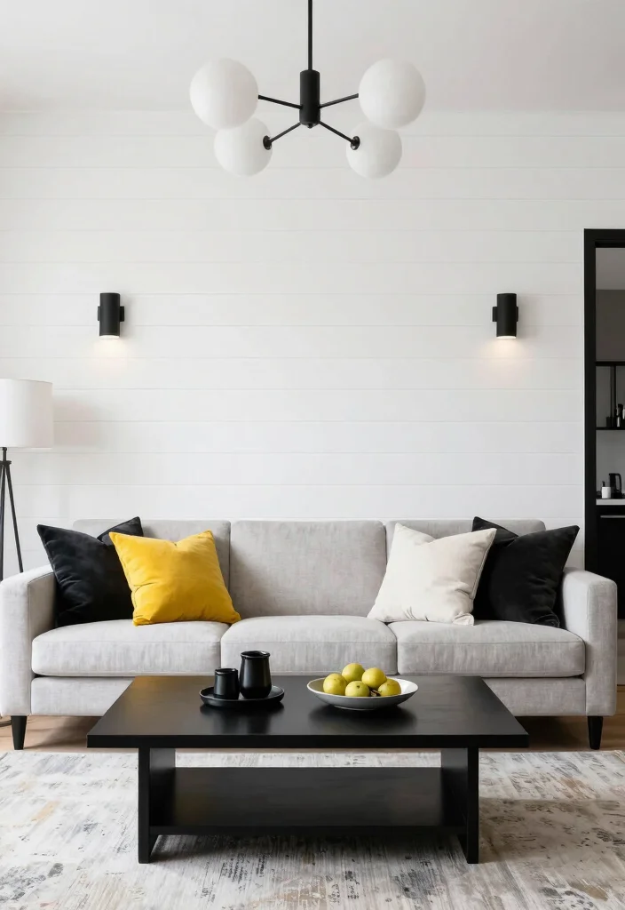 16 Shiplap Wall Living Room Ideas: A Beautiful Farmhouse Modern Blend - 13. White Shiplap with Black Accents 1