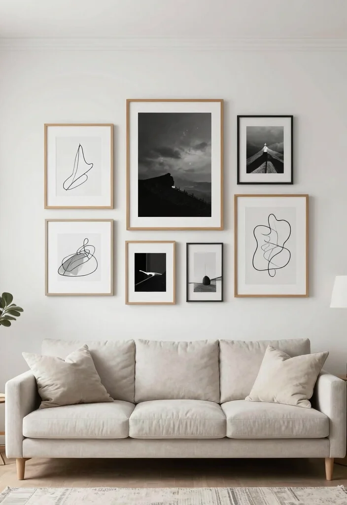 16 Simple Wall Decor Living Room Ideas: Clean Minimal Touch - 1. Minimalist Gallery Wall 1