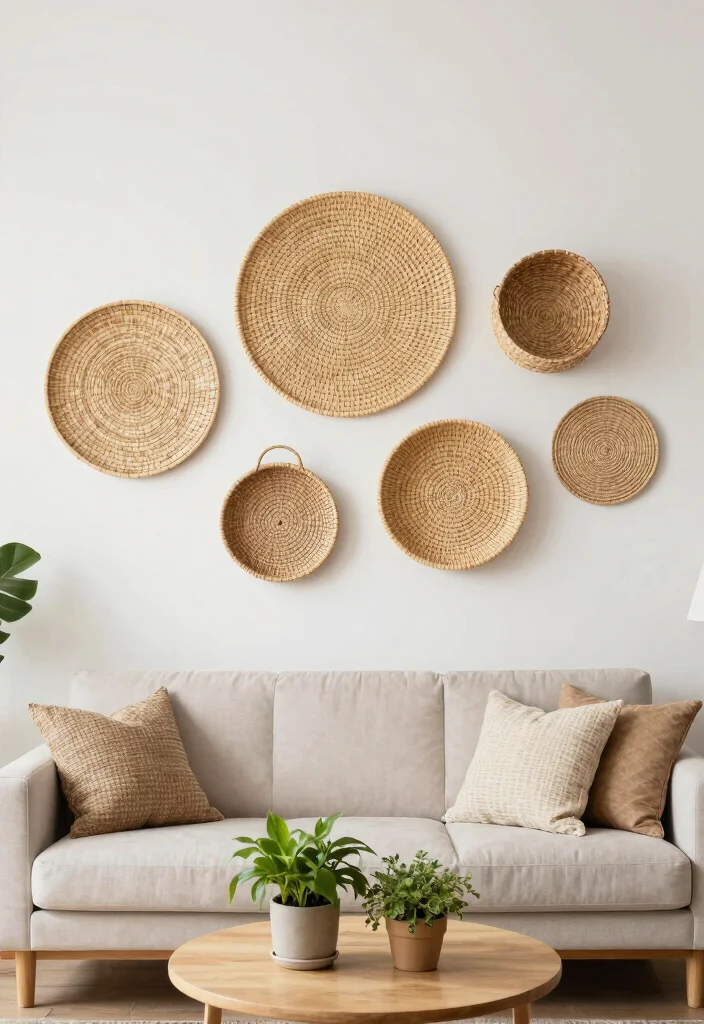 16 Simple Wall Decor Living Room Ideas: Clean Minimal Touch - 10. Rattan and Woven Pieces 1